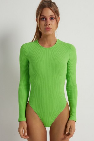 Dámské Body Tezenis Basic Rib Long-Sleeve High-Cut Zelene | CZ-MA8563029