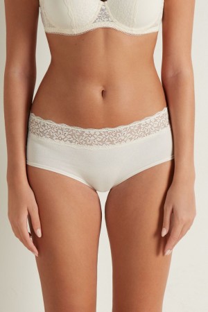 Dámské Boyshorts Tezenis Recycled Bavlněné and Krajkové Bílé Bílé Krém | CZ-RU3481705