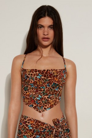 Dámské Crop Top Tezenis Criss-Cross Viscose Fabric Leopard | CZ-PI1804237
