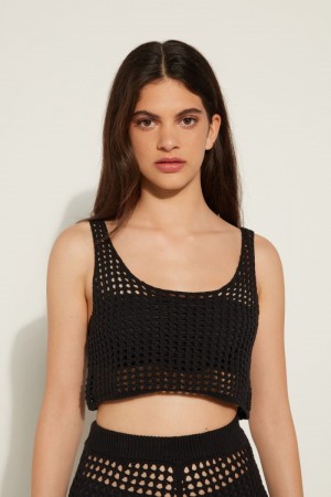 Dámské Crop Top Tezenis Crop Top in Mesh Crochet Černé | CZ-CB9071286