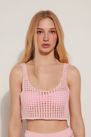 Dámské Crop Top Tezenis Crop Top in Mesh Crochet Růžové | CZ-PA0841352