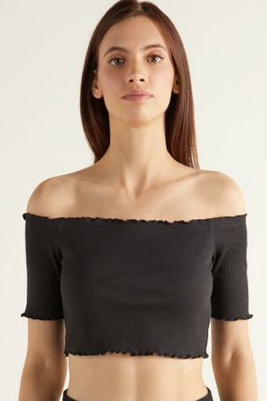 Dámské Crop Top Tezenis Half Sleeve Lettuce Leaf Trim Žebrovaný Černé | CZ-VU6159482