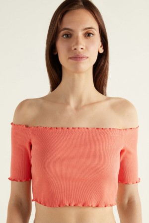 Dámské Crop Top Tezenis Half Sleeve Lettuce Leaf Trim Žebrovaný Oranžové | CZ-BM8603721