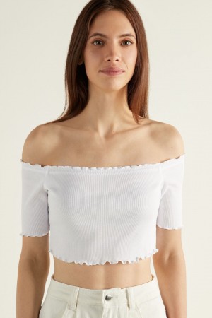 Dámské Crop Top Tezenis Half Sleeve Lettuce Leaf Trim Žebrovaný Bílé | CZ-HB5301296