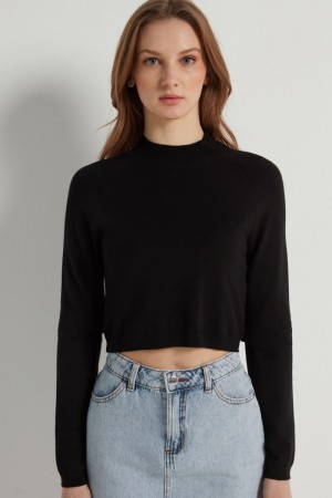 Dámské Crop Top Tezenis Long-Sleeve Mock Turtleneck Černé | CZ-JQ4816703