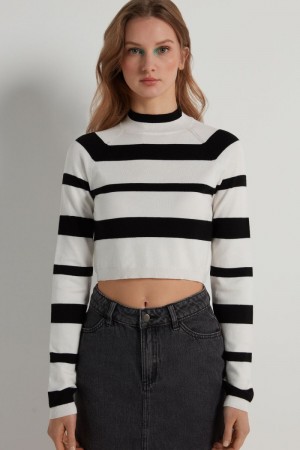 Dámské Crop Top Tezenis Long-Sleeve Mock Turtleneck Černé Bílé | CZ-NS7260938