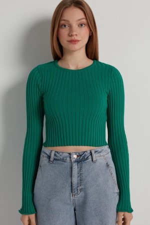 Dámské Crop Top Tezenis Long-Sleeve Žebrovaný Zelene | CZ-WP0293148