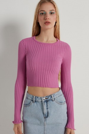 Dámské Crop Top Tezenis Long-Sleeve Žebrovaný Růžové | CZ-NH7156932
