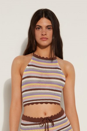 Dámské Crop Top Tezenis Pruhovaný Crocheted Hnědé | CZ-NM5893041