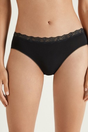 Dámské Kalhotky Tezenis Bavlněné and Recycled Krajkové Scalloped Trim Černé | CZ-DI8913205