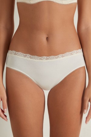 Dámské Kalhotky Tezenis Bavlněné and Recycled Krajkové Scalloped Trim Bílé Bílé Krém | CZ-LT8739241