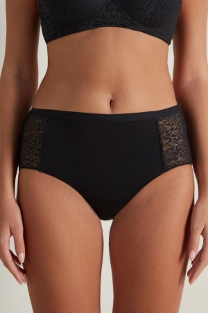 Dámské Kalhotky Tezenis Recycled Bavlněné and Krajkové High-Leg Černé | CZ-SE3045816