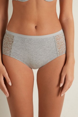 Dámské Kalhotky Tezenis Recycled Bavlněné and Krajkové High-Leg Šedé | CZ-LT1798604