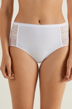 Dámské Kalhotky Tezenis Recycled Bavlněné and Krajkové High-Leg Bílé | CZ-WE7486125