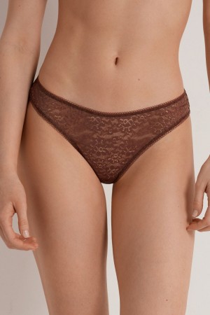 Dámské Kalhotky Tezenis Recycled Krajkové High-Cut Hnědé | CZ-JS8610497