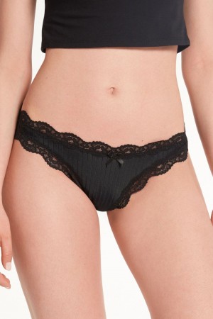 Dámské Kalhotky Tezenis Ribbedzilian with Krajkové Trim Černé | CZ-FX7038491