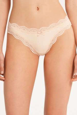 Dámské Kalhotky Tezenis Ribbedzilian with Krajkové Trim Béžový Růžové | CZ-QJ7041352
