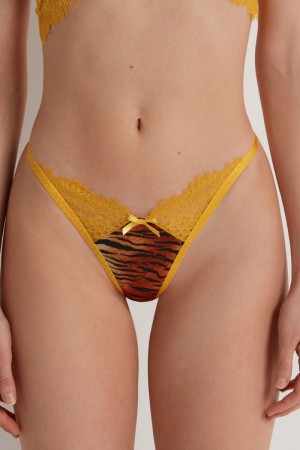 Dámské Kalhotky Tezenis Savage Krajkové High-Cut Stringzilian Žluté | CZ-JW2576083