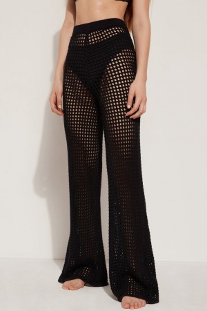 Dámské Kalhoty Tezenis Full Length Palazzo in Mesh Crochet Černé | CZ-YL7106842