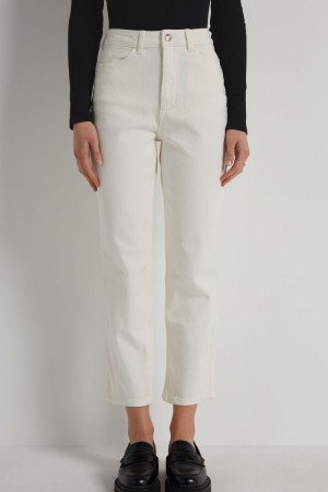 Dámské Kalhoty Tezenis High Pasem Rovný Leg Denim with Pockets Bílé | CZ-ZH2914536