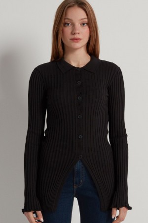 Dámské Kardigan Tezenis Fully Fashioned Long Žebrovaný Černé | CZ-WN6285031