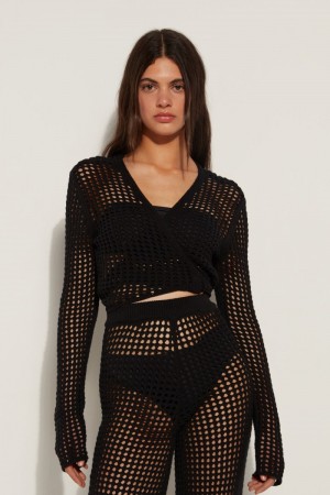 Dámské Kardigan Tezenis Long Sleeve Crop Top in Mesh Crochet Černé | CZ-EY0628597