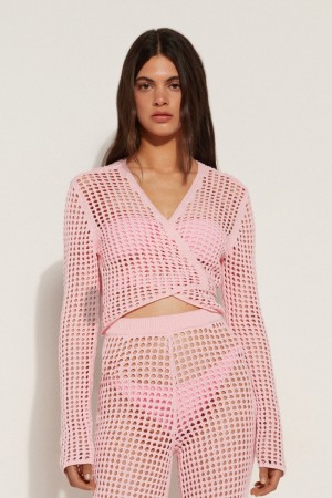 Dámské Kardigan Tezenis Long Sleeve Crop Top in Mesh Crochet Růžové | CZ-FL6293157