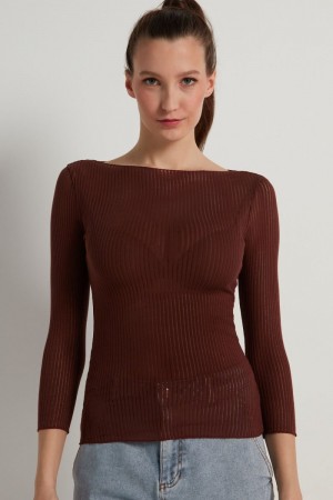 Dámské Knitwear Tezenis 3/4-Length-Sleeve Ultralight Žebrovaný Bavlněné Lodní-Neck Top Hnědé | CZ-AW5284907