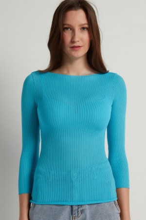 Dámské Knitwear Tezenis 3/4-Length-Sleeve Ultralight Žebrovaný Bavlněné Lodní-Neck Top Světle Blankyt | CZ-RZ3906128
