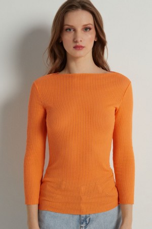Dámské Knitwear Tezenis 3/4-Length-Sleeve Ultralight Žebrovaný Bavlněné Lodní-Neck Top Oranžové | CZ-EK0257468