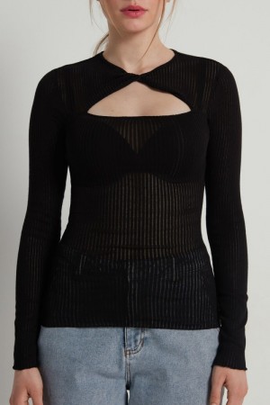 Dámské Knitwear Tezenis Long-Sleeve Crew-Neck Ultralight Žebrovaný Bavlněné Cut-Out Top Černé | CZ-XM7259418