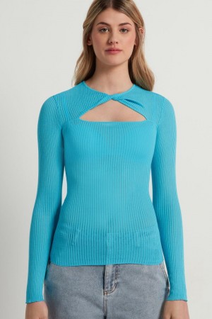 Dámské Knitwear Tezenis Long-Sleeve Crew-Neck Ultralight Žebrovaný Bavlněné Cut-Out Top Světle Blankyt | CZ-TP6539481