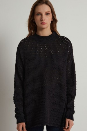 Dámské Knitwear Tezenis Perforated Fully-Fashioned Long Bavlněné Top Černé | CZ-QE6143058