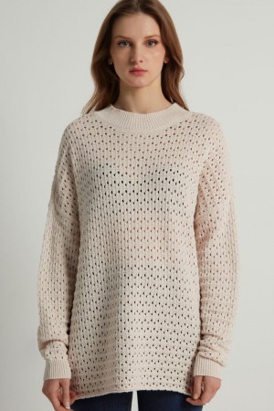 Dámské Knitwear Tezenis Perforated Fully-Fashioned Long Bavlněné Top Bílé Béžový | CZ-KY2683970