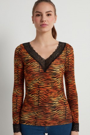 Dámské Knitwear Tezenis V Neck Long Sleeve Top with Krajkové Tiger Print | CZ-GZ7046529
