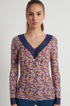 Dámské Knitwear Tezenis V Neck Long Sleeve Top with Krajkové Viacfarebný | CZ-IC2603798