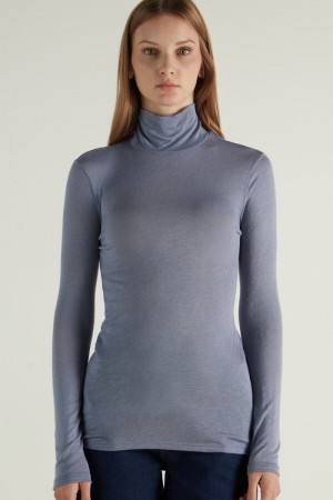 Dámské Knitwear Tezenis Viscose and Merino Vlna Turtleneck Top Šedé Šedé Světle Blankyt | CZ-KJ9715682