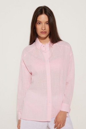 Dámské Košile Tezenis Long-Sleeved Bavlněné Platene Růžové | CZ-EI8450916