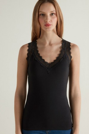 Dámské Košilky Tezenis Krajkové Široké Páskové V-Neck Viscose Černé | CZ-RT3742189