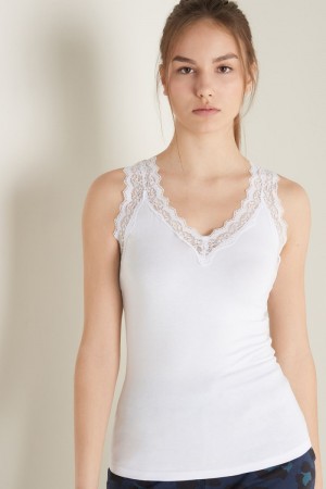 Dámské Košilky Tezenis Krajkové Široké Páskové V-Neck Viscose Bílé | CZ-YJ6409528