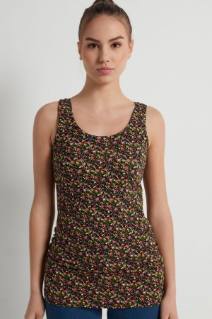 Dámské Košilky Tezenis Long Printed Viscose Černé | CZ-RU8297103