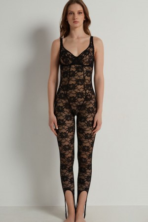 Dámské Kombinéza Tezenis Blooming Krajkové Balconette Černé | CZ-DM0269145