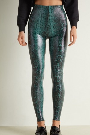 Dámské Legíny Tezenis Thermal Coated-Effect Python-Print Blankyt Zelene | CZ-QW0921864