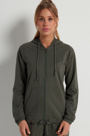 Dámské Mikina Tezenis Hoodie with Na Zip and Drawstring Zelene | CZ-MK6542730