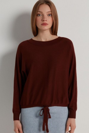 Dámské Mikina Tezenis Krátké Sleeve Batwing Top with Drawstring Hnědé Černé Hnědé | CZ-HE5603942