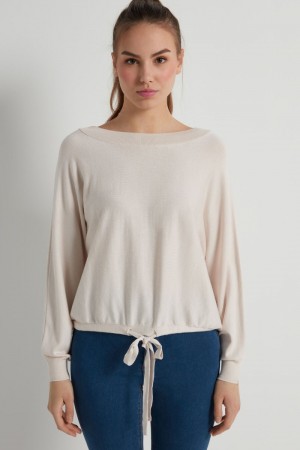 Dámské Mikina Tezenis Krátké Sleeve Batwing Top with Drawstring Bílé Béžový | CZ-EY9826574