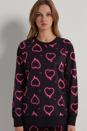 Dámské Mikina Tezenis Long-Sleeve Printed Bavlněné Černé | CZ-KI3658017
