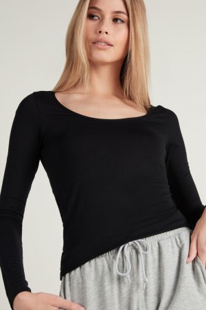 Dámské Mikina Tezenis Long-Sleeve Scoop-Neck Viscose Top Černé | CZ-DR6091854