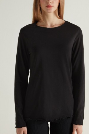 Dámské Mikina Tezenis Long Sleeve Lettuce Leaf Stitch Bavlněné Top Černé | CZ-KJ5389164