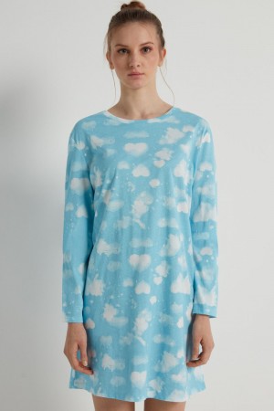 Dámské Noční Prádlo Tezenis Cloud Print Long Sleeve Nightgown Blankyt | CZ-WR5031794